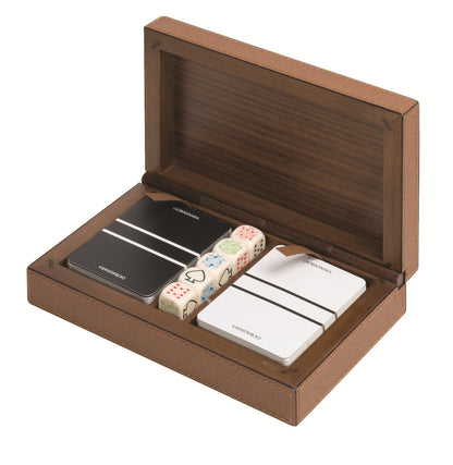 Giobagnara Royal Dice and Playing Card Holder | Leather-covered walnut case with walnut hinge | Includes two decks of high-quality playing cards and five poker dice | Games and Entertainment | 2Jour Concierge, your luxury lifestyle shop