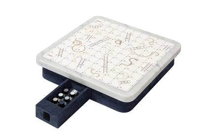 Giobagnara Delos Marble Snakes & Ladders Game Set | Leather-Covered Wood Structure with Marble Top and Printed Leather Playing Field | Metal Playing Pieces in Three Finishes with Fine Leather Inserts | Removable Drawer for Convenient Storage | Luxurious and Stylish Entertainment | Explore a Range of Luxury Board Games, Classic Games, and Gift Games at 2Jour Concierge, #1 luxury high-end gift & lifestyle shop