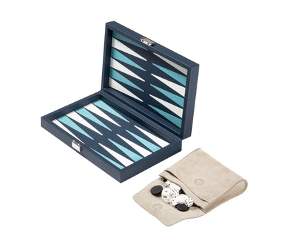Giobagnara Phileas Miniature Travel Backgammon | Leather-Covered Case with Inlaid Playing Field and Polished Chrome Closing | Includes Bakelite Black and White Checkers and Dice | Stylish and Compact for On-the-Go Entertainment | 2Jour Concierge, #1 luxury high-end gift & lifestyle shop