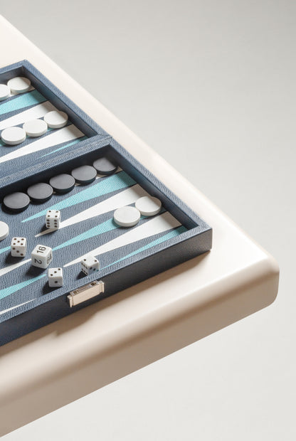 Giobagnara Phileas Miniature Travel Backgammon | Leather-Covered Case with Inlaid Playing Field and Polished Chrome Closing | Includes Bakelite Black and White Checkers and Dice | Stylish and Compact for On-the-Go Entertainment | 2Jour Concierge, #1 luxury high-end gift & lifestyle shop