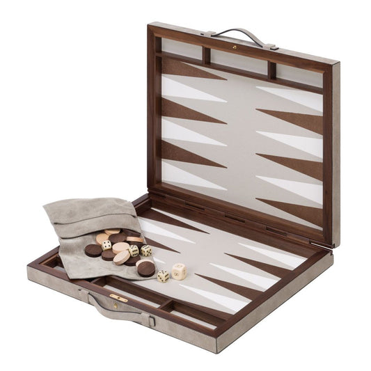 Giobagnara Bond Backgammon Case | Leather-Covered Walnut and Mahogany Case with Walnut Hinge | Magnetic Closing with Button | Leather Inlaid Playing Surface (Customizable Colors) | Includes Boxwood Checkers and Dices | Provided with Handles | Perfect for Yachts and Home Décor
