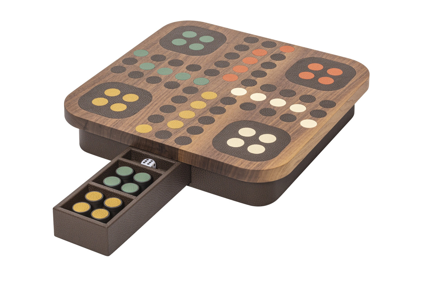 Giobagnara Delos Wood Ludo Game Set | Exquisite Walnut Wood Playing Field, Leather Inserts, and Base | Metal Game Pieces with Matching Leather Inserts | Removable Drawer for Storage of Playing Pieces and Dice | Stylish and Elegant Entertainment | 2Jour Concierge, #1 luxury high-end gift & lifestyle shop