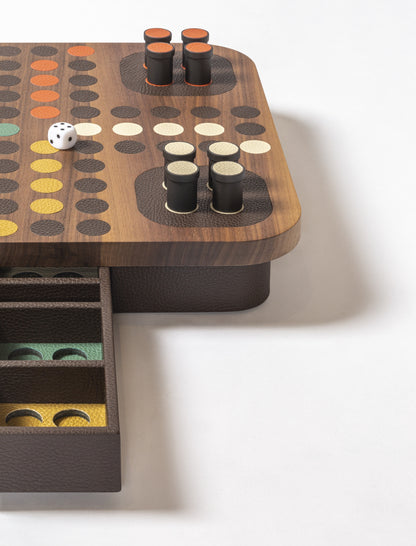 Giobagnara Delos Wood Ludo Game Set | Exquisite Walnut Wood Playing Field, Leather Inserts, and Base | Metal Game Pieces with Matching Leather Inserts | Removable Drawer for Storage of Playing Pieces and Dice | Stylish and Elegant Entertainment | 2Jour Concierge, #1 luxury high-end gift & lifestyle shop