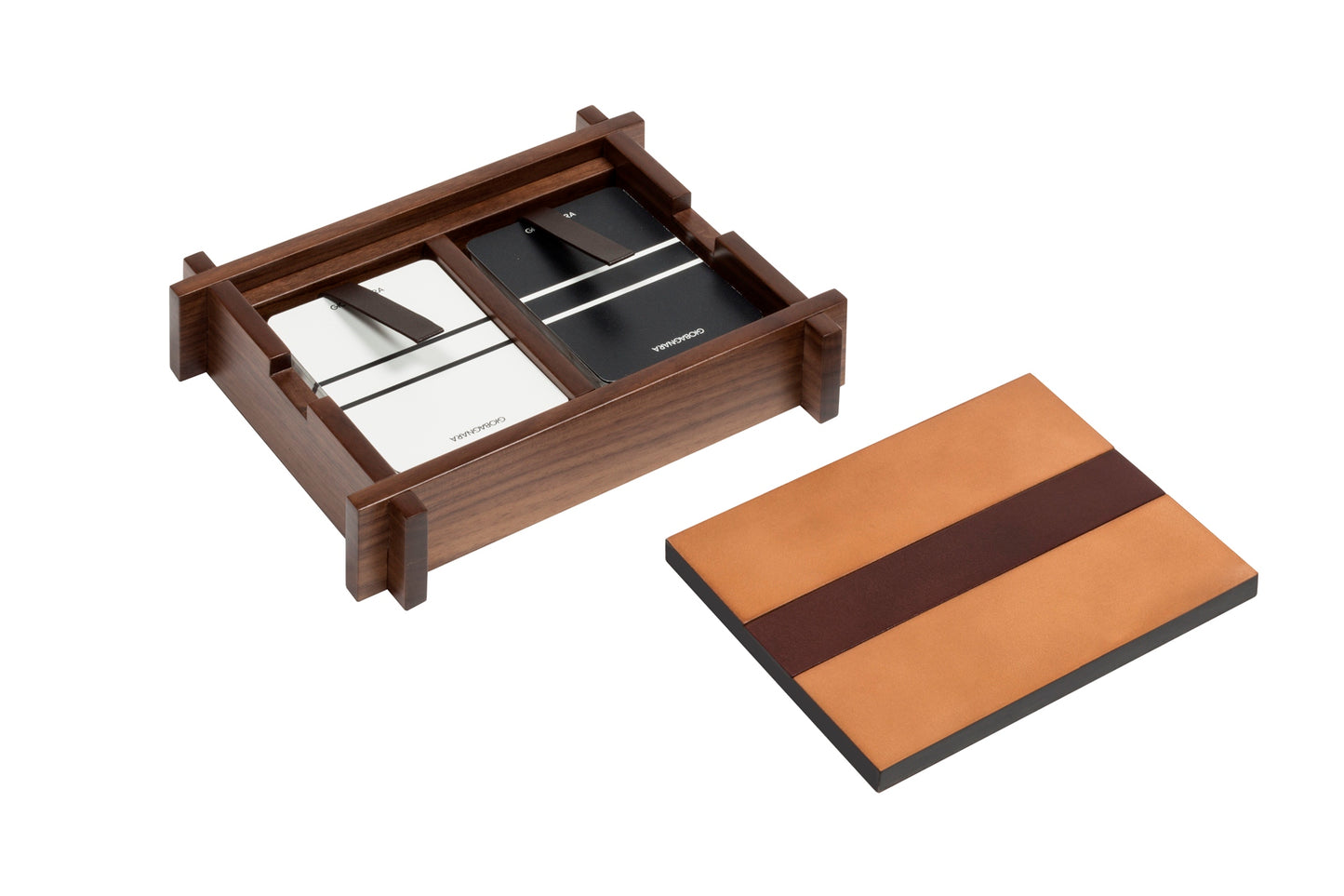 Giobagnara Structura Playing Card Holder | Walnut wood structure with sole leather cover featuring an engraved decorative stripe | Solid yet light design with a vintage look that ages gracefully | Games and Entertainment | 2Jour Concierge, your luxury lifestyle shop