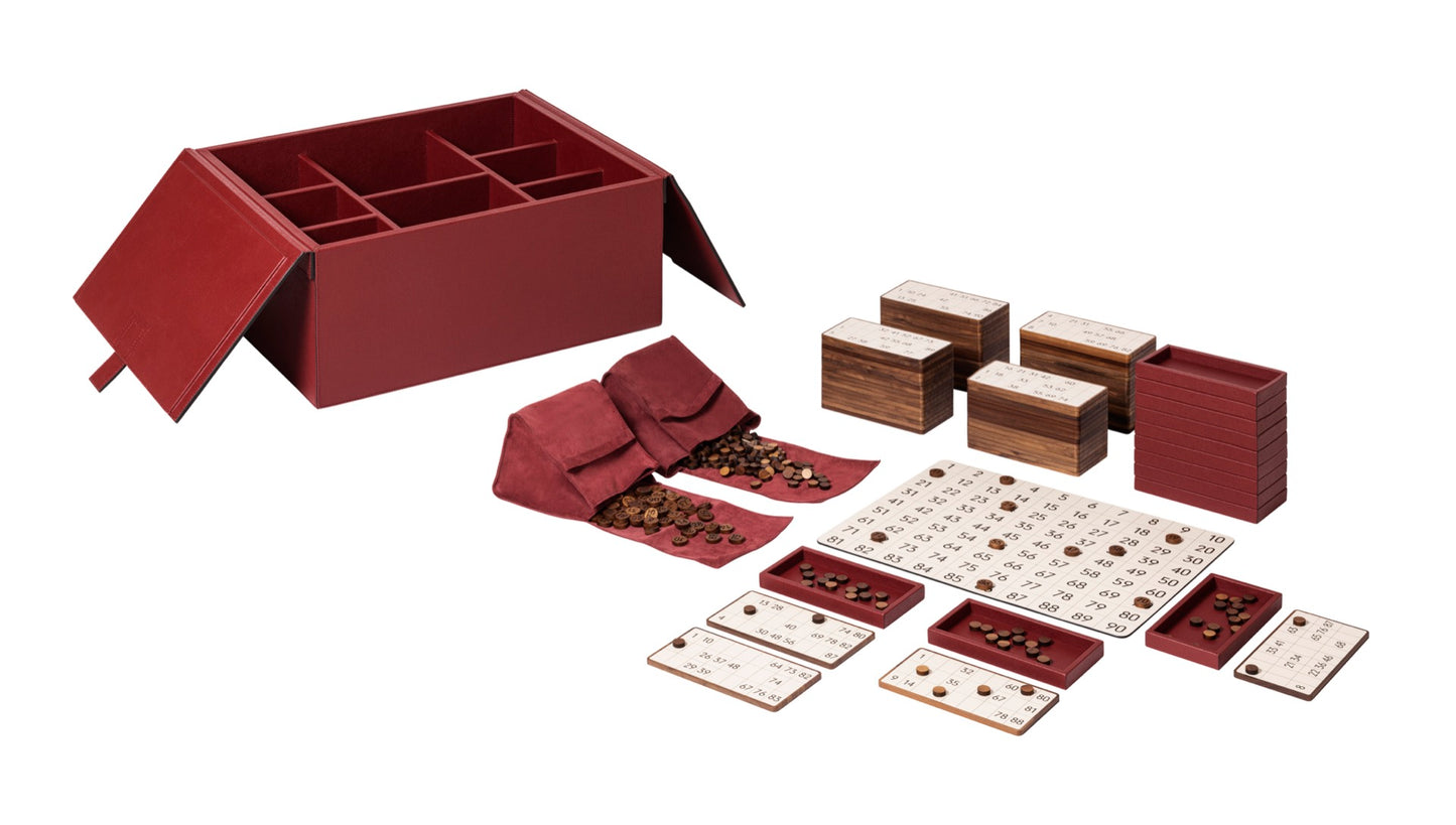Bingo Game Set: Leather-Covered Wooden Case with Walnut Wood Accessories