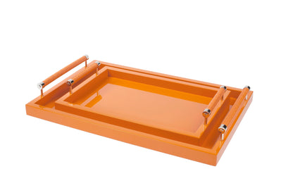 Diana Lacquer Wood Tray with Leather Handles Rectangular Large Chrome