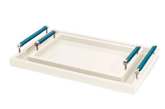 Diana Lacquer Wood Tray with Leather Handles Rectangular L Chrome