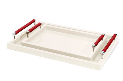 Diana Lacquer Wood Tray with Leather Handles Rectangular Large Chrome