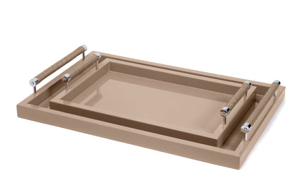 Diana Lacquer Wood Tray with Leather Handles Rectangular Large Chrome