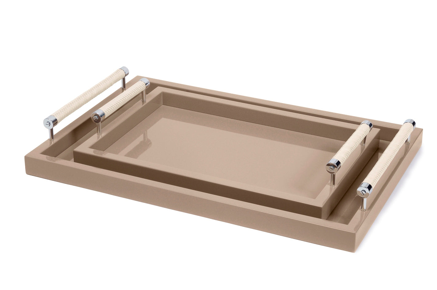 Diana Lacquer Wood Tray with Leather Handles Rectangular Large Chrome