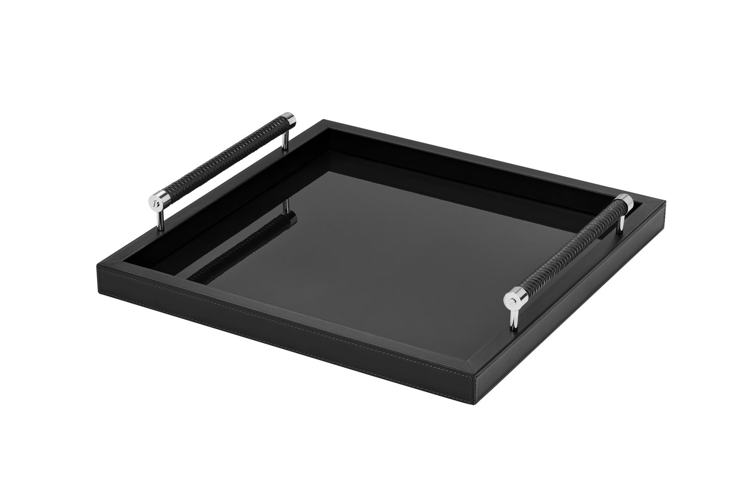 Diana Lacquer Wood Tray with Leather Handles Square Gold