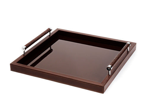 Diana Lacquer Wood Tray with Leather Handles Square Chrome