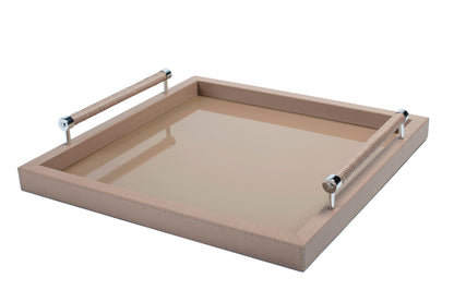 Diana Lacquer Wood Tray with Leather Handles Square Chrome