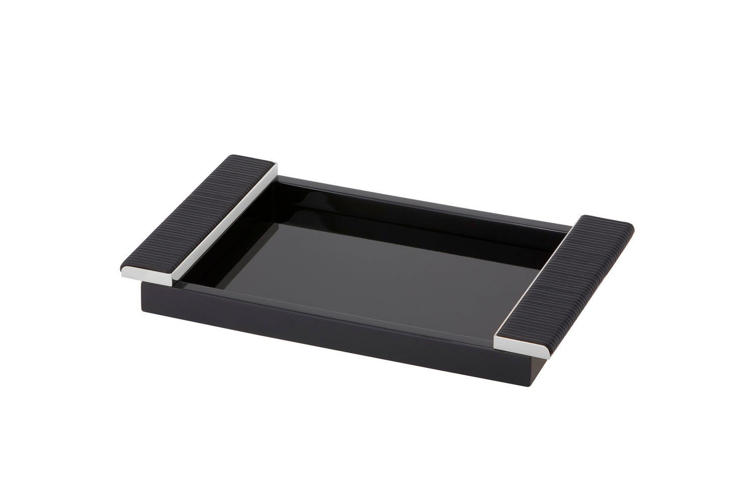 Riviere Circe Lacquer Rectangular Tray | Lacquered Tray | Leather Wrapped Handles | Chrome or Gold Details | Perfect for Yacht Interiors | Available at 2Jour Concierge, #1 luxury high-end gift & lifestyle shop