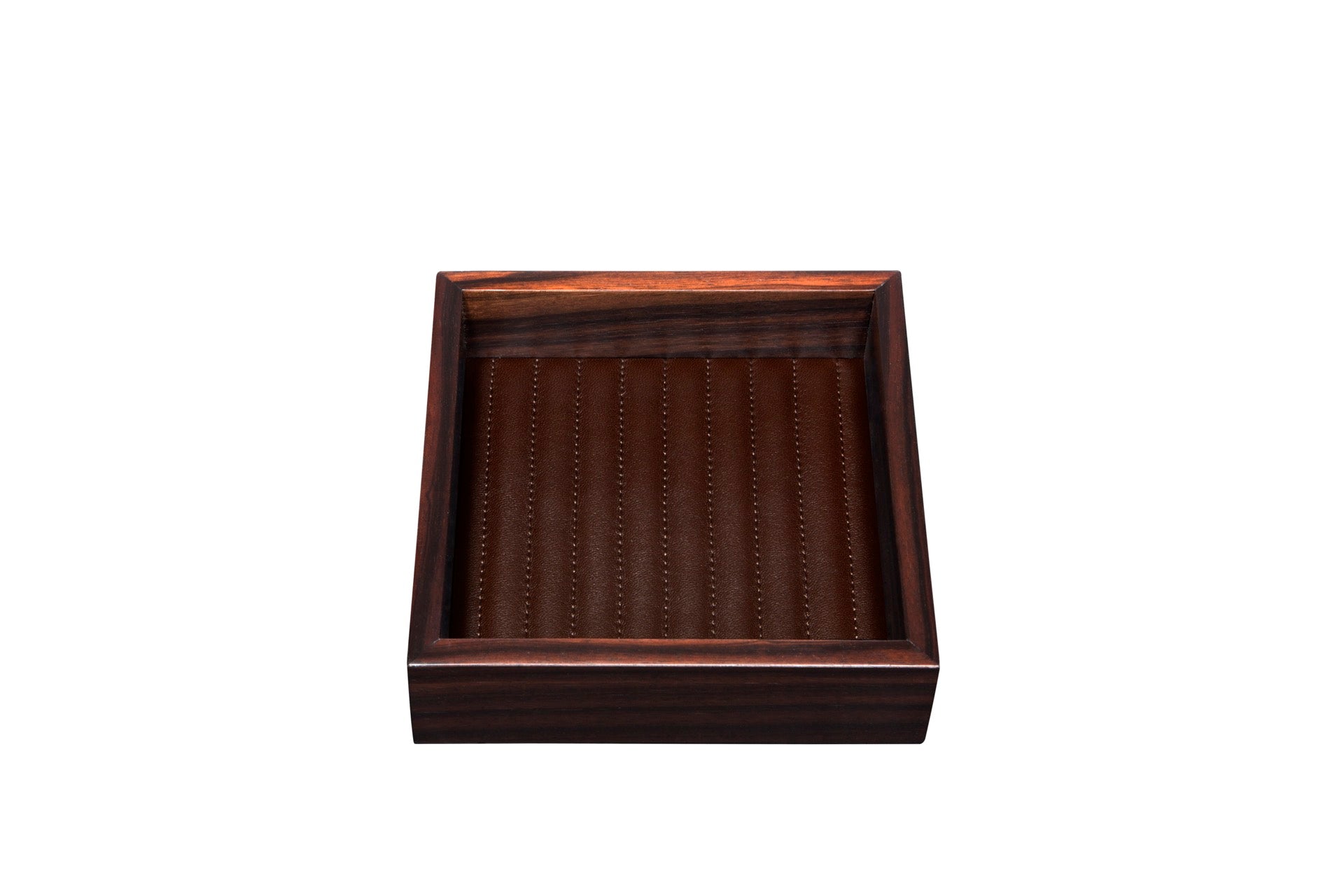 Riviere Febe Ebony | Valet Trays: Macassar ebony structure with linear quilted leather lining, available in multiple shapes | Decor / Valet Trays | 2Jour Concierge, your luxury lifestyle shop | luxury interiors, refined craftsmanship, elegant living, designer trays, boutique hotels, yacht décor, executive interiors