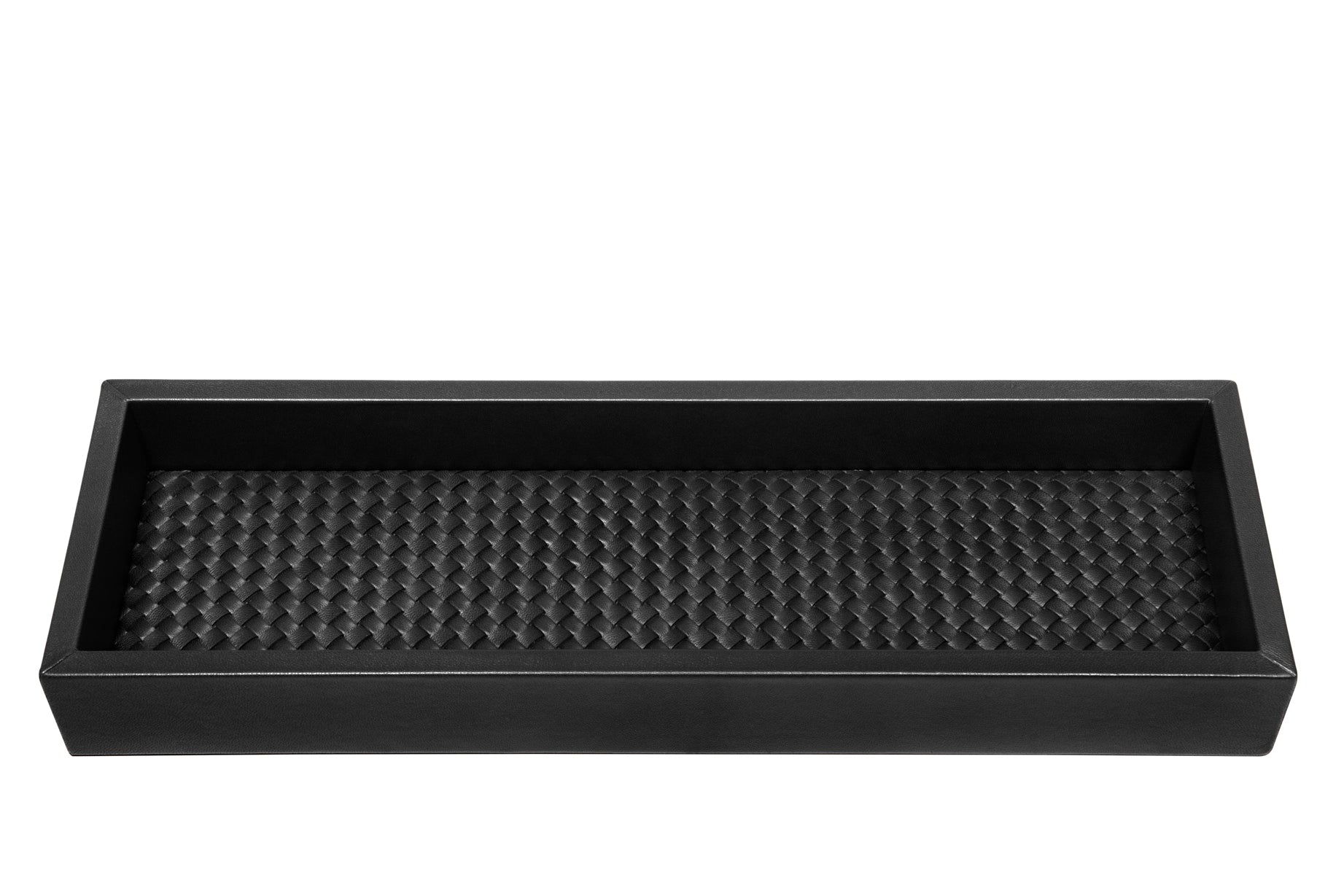 Riviere Febe Long Rectangular Valet Tray | Leather tray with various padded interior linings (handwoven, quilted diamonds, or quilted herringbone) and bamboo trim | Small bamboo handles | Home Decor and Serveware | 2Jour Concierge, your luxury lifestyle shop