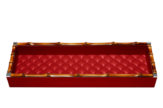 Riviere Bice Diamonds Long Rectangular Valet Tray | Leather tray with quilted diamonds padded lining and bamboo trim | Home Decor and Serveware | 2Jour Concierge, your luxury lifestyle shop