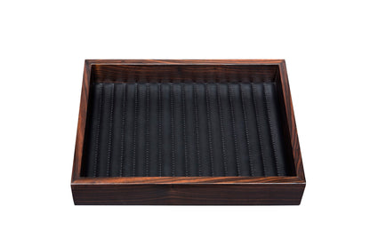 Riviere Febe Ebony | Valet Trays: Macassar ebony structure with linear quilted leather lining, available in multiple shapes | Decor / Valet Trays | 2Jour Concierge, your luxury lifestyle shop | luxury interiors, refined craftsmanship, elegant living, designer trays, boutique hotels, yacht décor, executive interiors