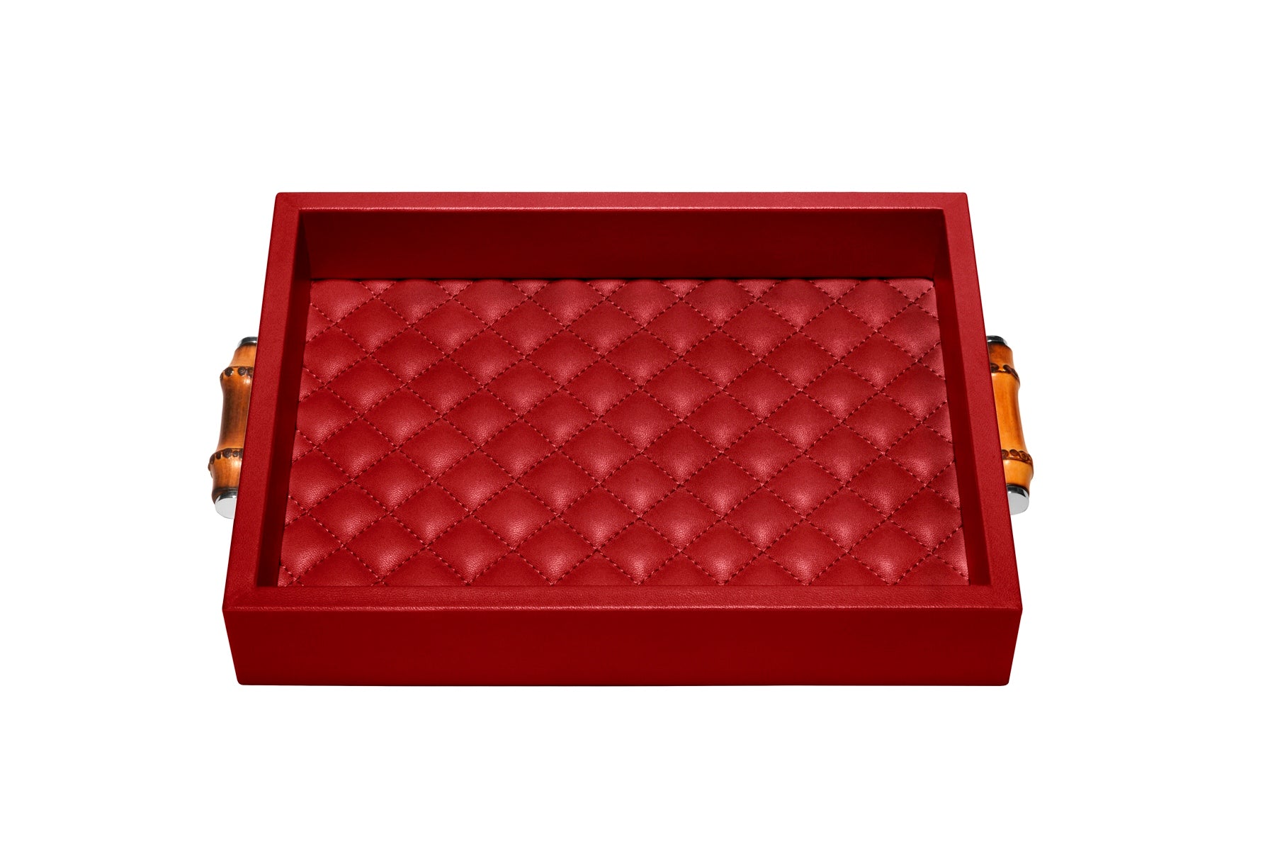 Riviere Frida Diamonds Rectangular Valet Tray | Leather Tray | Quilted Padded Lining | Small Bamboo Handles | Ideal for Yacht Decor | Available at 2Jour Concierge, #1 luxury high-end gift & lifestyle shop