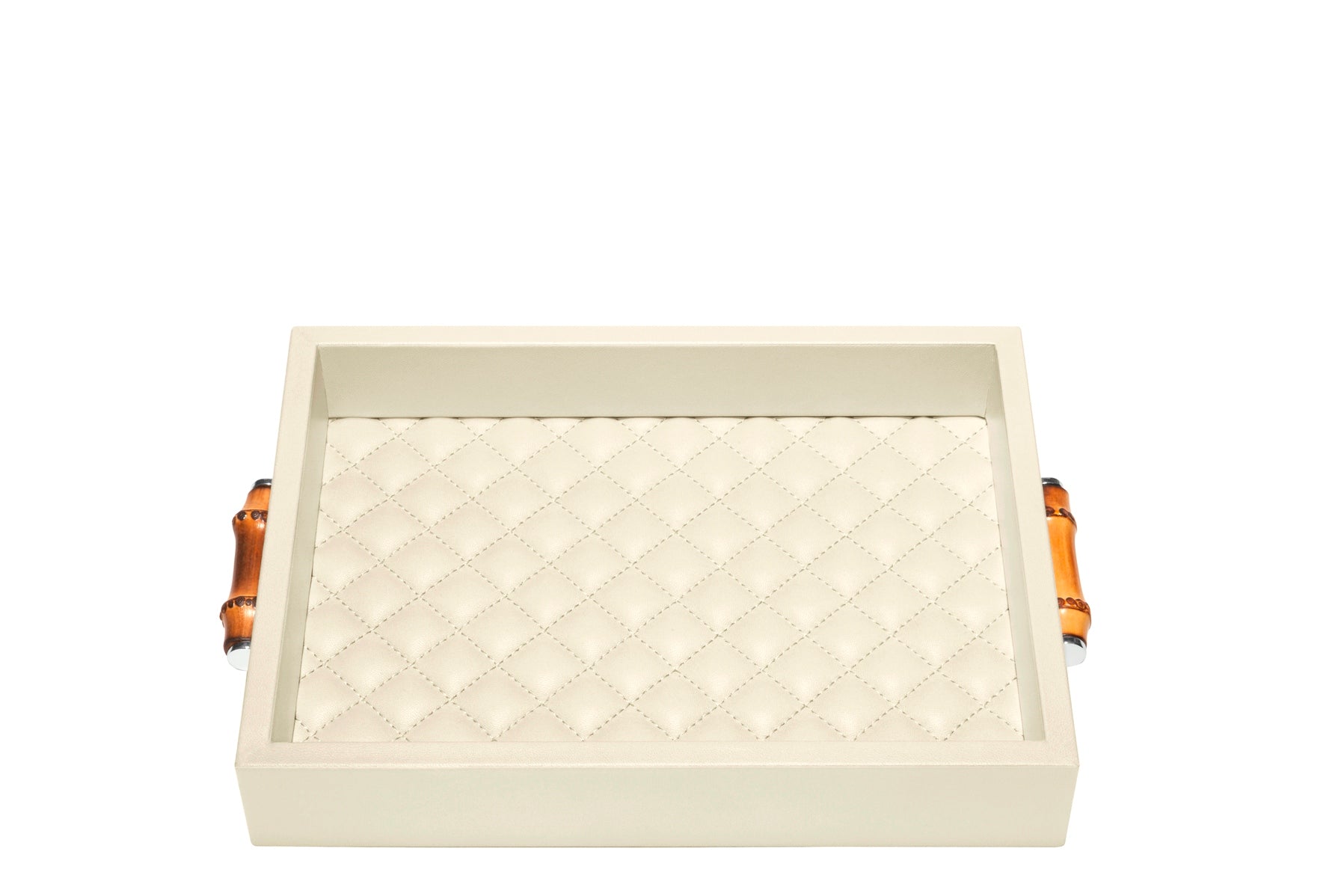 Riviere Frida Diamonds Rectangular Valet Tray | Leather Tray | Quilted Padded Lining | Small Bamboo Handles | Ideal for Yacht Decor | Available at 2Jour Concierge, #1 luxury high-end gift & lifestyle shop