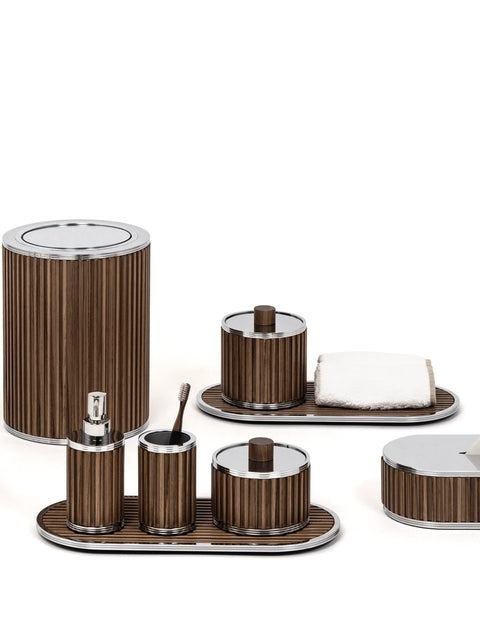 Pinetti | Woody Wood Rectangular Tissue Box: Rectangular wood tissue box holder with metal rim in chrome, satin, or burnished finish | Bathroom | 2Jour Concierge, your luxury lifestyle shop | luxury tissue box, Pinetti Woody, wood tissue box holder, Italian luxury bathroom, designer tissue box cover, wood bathroom accessories
