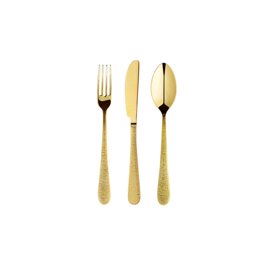 Zanetto Fuoco | Dessert Set: Fine stainless steel with Intreccio hammered texture and shiny PVD finish, perfect for refined dessert or fruit courses; includes spoon, knife, and fork | Tableware & Serveware / Other Accessories | 2Jour Concierge, your luxury lifestyle shop