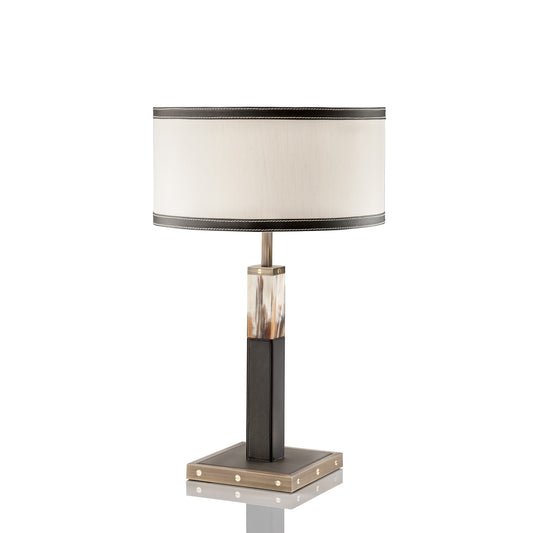 Arcahorn Alma Table Lamp | Matte Horn and Tosca Leather in Dark Brown | Burnished Brass Detailing | Exposed Screws in 24K Gold Plated Brass | Lampshade in Ivory Shantung with Dark Brown Full Grain Leather Trimming | Ideal for Yacht Decor | Available at 2Jour Concierge, #1 luxury high-end gift & lifestyle shop