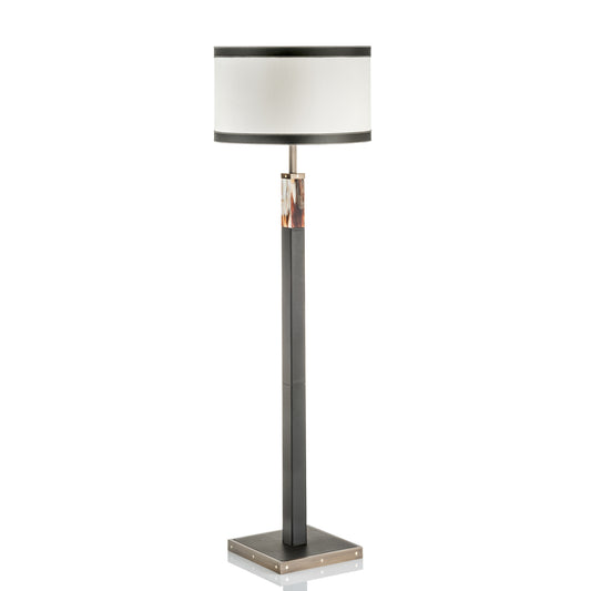 Arcahorn Alma Floor Lamp | Matte Horn and Tosca Leather in Dark Brown | Burnished Brass Detailing | Exposed Screws in 24K Gold Plated Brass | Lampshade in Ivory Shantung with Dark Brown Full Grain Leather Trimming | Ideal for Yacht Decor | Available at 2Jour Concierge, #1 luxury high-end gift & lifestyle shop