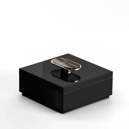 Arcahorn Priora Square Box | Wood with Lacquered Black Gloss Finish | Lid in Wood with Lacquered Black Gloss Finish | Handle in Horn and Chromed Brass | Elegant Storage Solution | Perfect for Yacht Decor | Explore a Range of Luxury Home Accessories at 2Jour Concierge, #1 luxury high-end gift & lifestyle shop