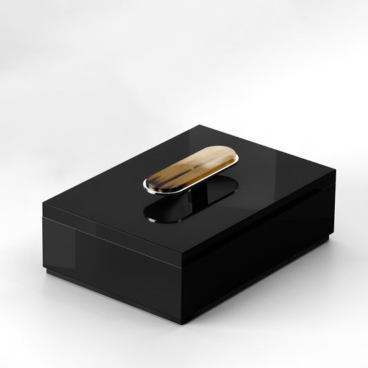 Arcahorn Priora Box | Wood with Lacquered Black Gloss Finish | Lid in Wood with Lacquered Black Gloss Finish | Handle in Horn and Chromed Brass | Elegant Storage Solution | Perfect for Yacht Decor | Explore a Range of Luxury Home Accessories at 2Jour Concierge, #1 luxury high-end gift & lifestyle shop