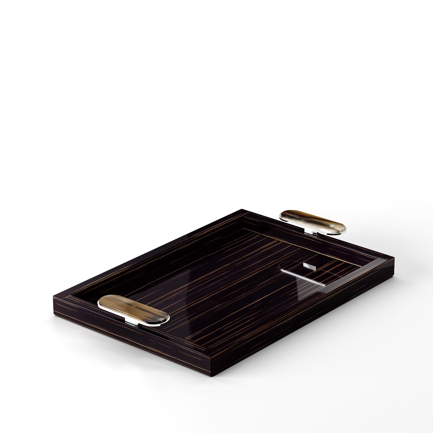 Arcahorn Berro Tray | Glossy Ebony Finish | Handles in Horn and Chromed Brass | Elegant Serving Solution | Perfect for Yacht Decor | Explore a Range of Luxury Home Accessories at 2Jour Concierge, #1 luxury high-end gift & lifestyle shop