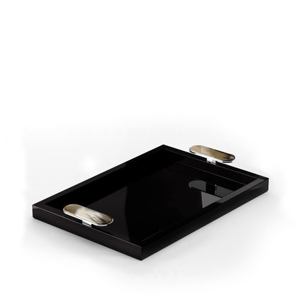 Arcahorn Berro Tray | Wood with Lacquered Black Gloss Finish | Handles in Horn and Chromed Brass | Elegant Serving Solution | Perfect for Yacht Decor | Explore a Range of Luxury Home Accessories at 2Jour Concierge, #1 luxury high-end gift & lifestyle shop