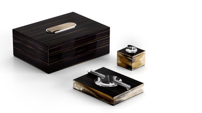 Arcahorn Sibilla Cigar Humidor | Glossy Ebony Finish | Horn and Chromed Brass Detail | Cedar Wood Interior with Humidifier for Boveda | Digital Moisture Meter | Ideal for Yacht Decor | Explore Luxury Home Accessories at 2Jour Concierge, #1 luxury high-end gift & lifestyle shop