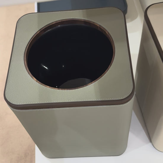 Giobagnara x Poltrona Frau Wastepaper Bin | Leather-Covered Wood Structure | Inner Black Plastic Container | Removable Leather-Covered Wooden Lid | Made in Pelle Frau® Leather | Find Elegant Office Accessories at 2Jour Concierge, #1 luxury high-end gift & lifestyle shop