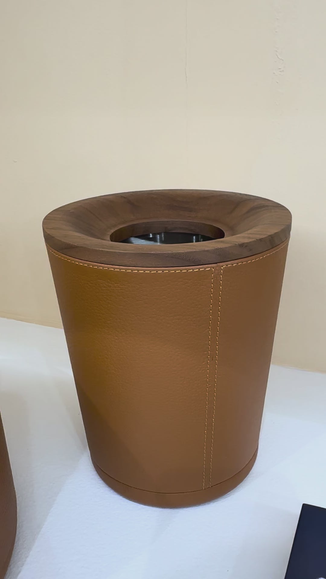 Giobagnara | Table Waste Bin Pelle Frau®: Leather-covered walnut bin with steel insert | Tabletop & Condiment Accessories | 2Jour Concierge | luxury tabletop accessories and waste solutions