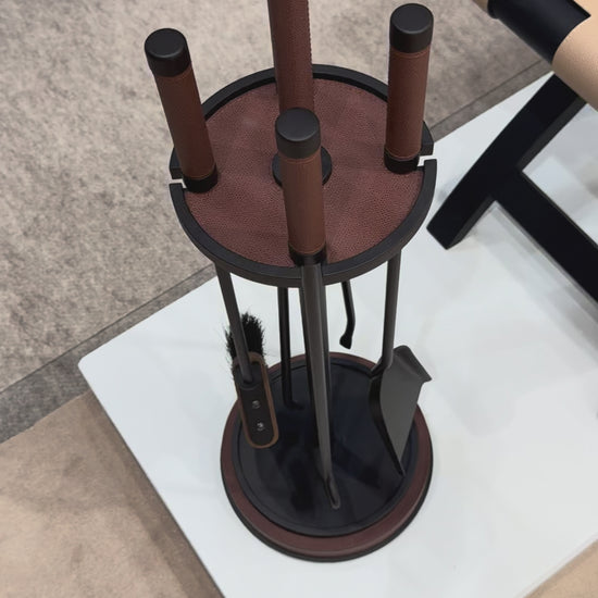 Giobagnara | Positano Fireplace Set: Metal structure with leather inserts, slender elongated silhouettes — brush, poker, tongs, coal shovel | Decor | 2Jour Concierge, your luxury lifestyle shop | luxury fireplace set, Giobagnara Positano, leather fireplace tools, Italian designer fireplace accessories