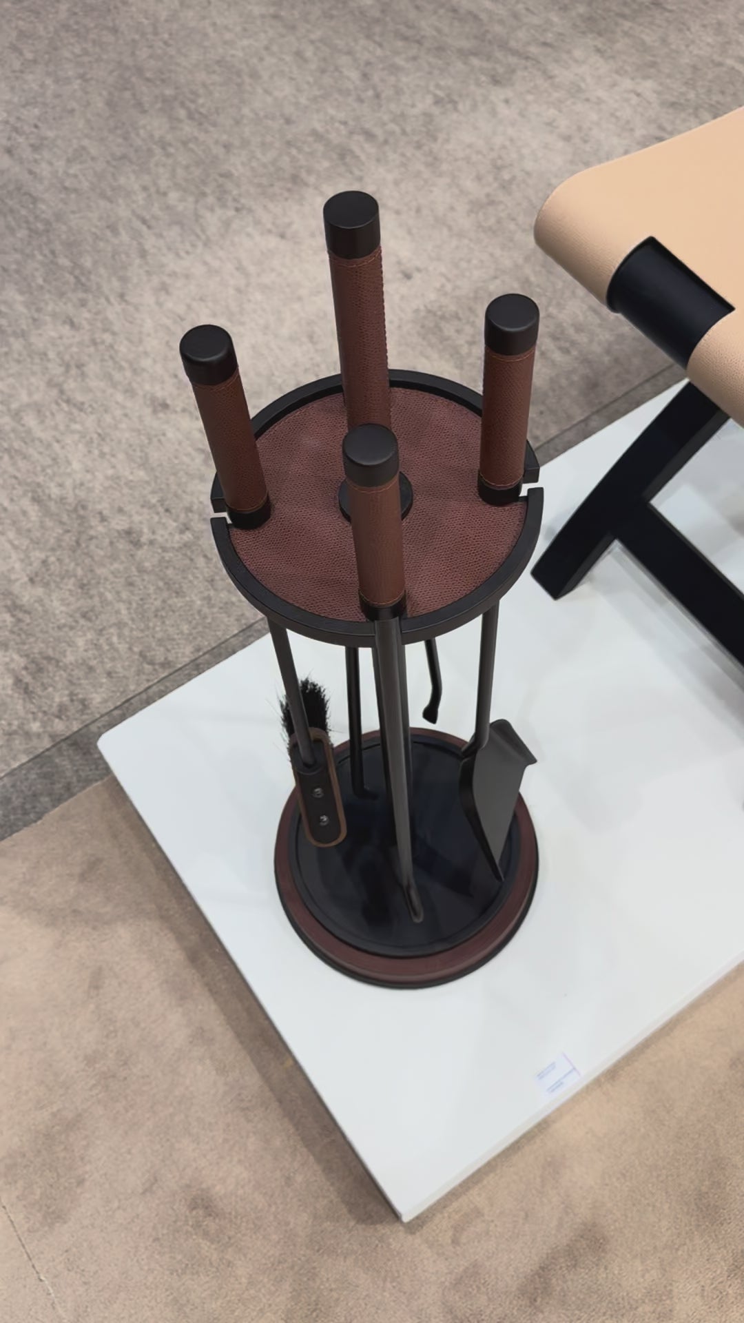 Giobagnara | Positano Fireplace Set: Metal structure with leather inserts, slender elongated silhouettes — brush, poker, tongs, coal shovel | Decor | 2Jour Concierge, your luxury lifestyle shop | luxury fireplace set, Giobagnara Positano, leather fireplace tools, Italian designer fireplace accessories