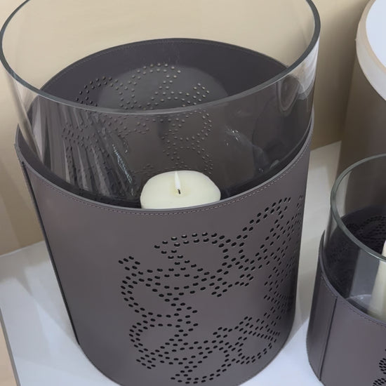 Giobagnara  ×  Elie Saab | Ecusson Hurricane: Borosilicate glass with frosted decorations and Tecnocuoio® with perforated Elie Saab Monogram — small and large | Decor | 2Jour Concierge, your luxury lifestyle shop | luxury hurricane candle holder, Giobagnara Elie Saab, leather hurricane lamp, designer candle lantern