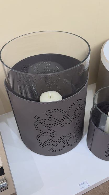 Giobagnara  ×  Elie Saab | Ecusson Hurricane: Borosilicate glass with frosted decorations and Tecnocuoio® with perforated Elie Saab Monogram — small and large | Decor | 2Jour Concierge, your luxury lifestyle shop | luxury hurricane candle holder, Giobagnara Elie Saab, leather hurricane lamp, designer candle lantern