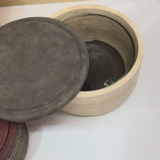 Giobagnara | Naxos Leather & Marble Bowl: Travertine marble bowl with leather-covered lid in multiple sizes | Decor / Trinket Boxes | 2Jour Concierge, your luxury lifestyle shop | luxury decorative storage, premium stone objects for expensive interiors, bedside tables, desks, and curated shelving