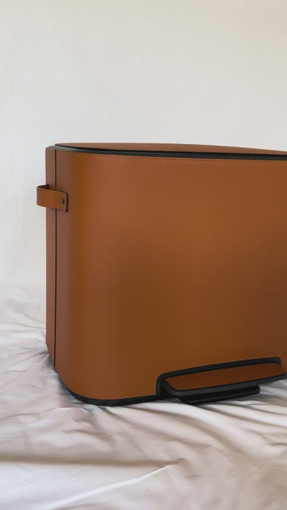 Leather-Covered Metal Pedal Bin, Double with Soft-Close Lid