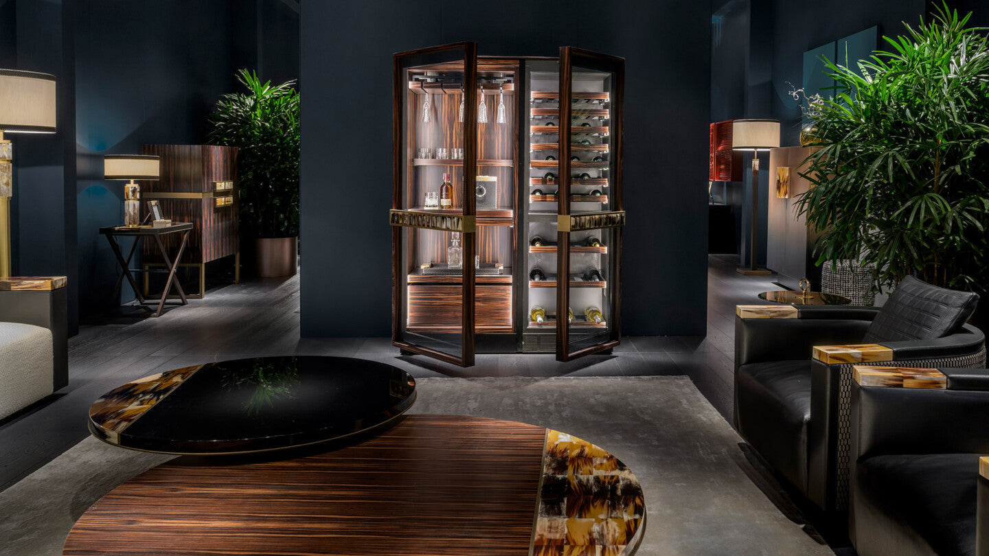 Arcahorn Manhattan Wine Cellar Cabinet | Matte Makassar Ebony Veneer | Burnished Brass Handles with Multifaceted Horn Gems | Backlit Interior in Ebony and Oak Veneer | Sliding Trays for Wine, Champagne, and Magnum Bottles | Multi-temperature Refrigeration System | Explore Luxury Home Accessories at 2Jour Concierge, #1 luxury high-end gift & lifestyle shop